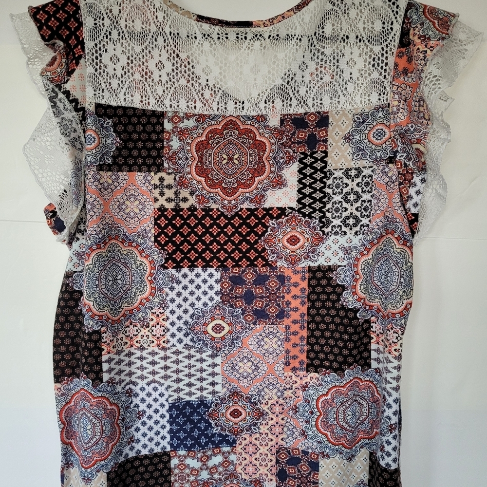 Bobbie Brooks Coral Navy Patchwork Flutter Sleeve Blouse Size XL - Picture 4 of 10